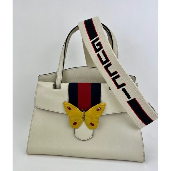GUCCI Linea Medium Totem Web Stripped Yellow Butterfly Top Handle Bag - Picture 1 of 12